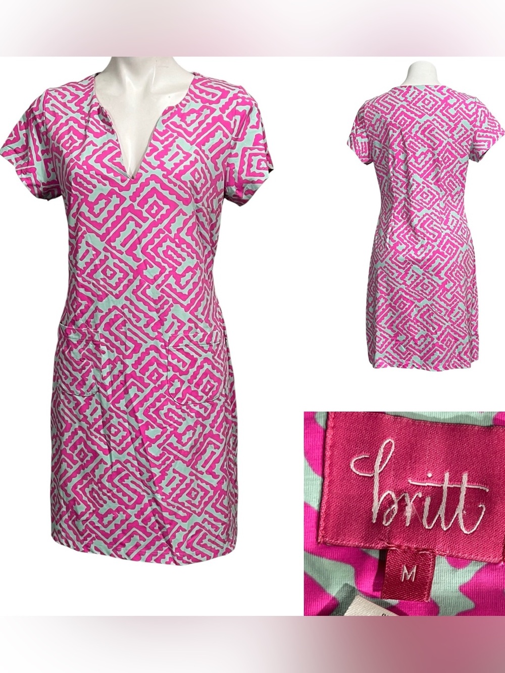 Britt Shift Dress Sz‎ Pink/gray Geometric V-Neck short sleeve nylon stretch